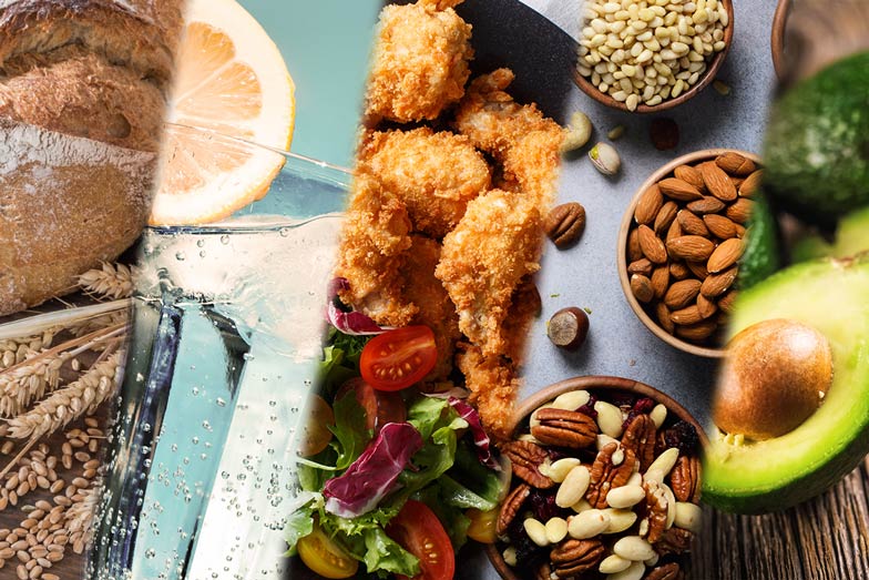 Whole grain bread, club soda, panko chicken breast, nuts, and avocado