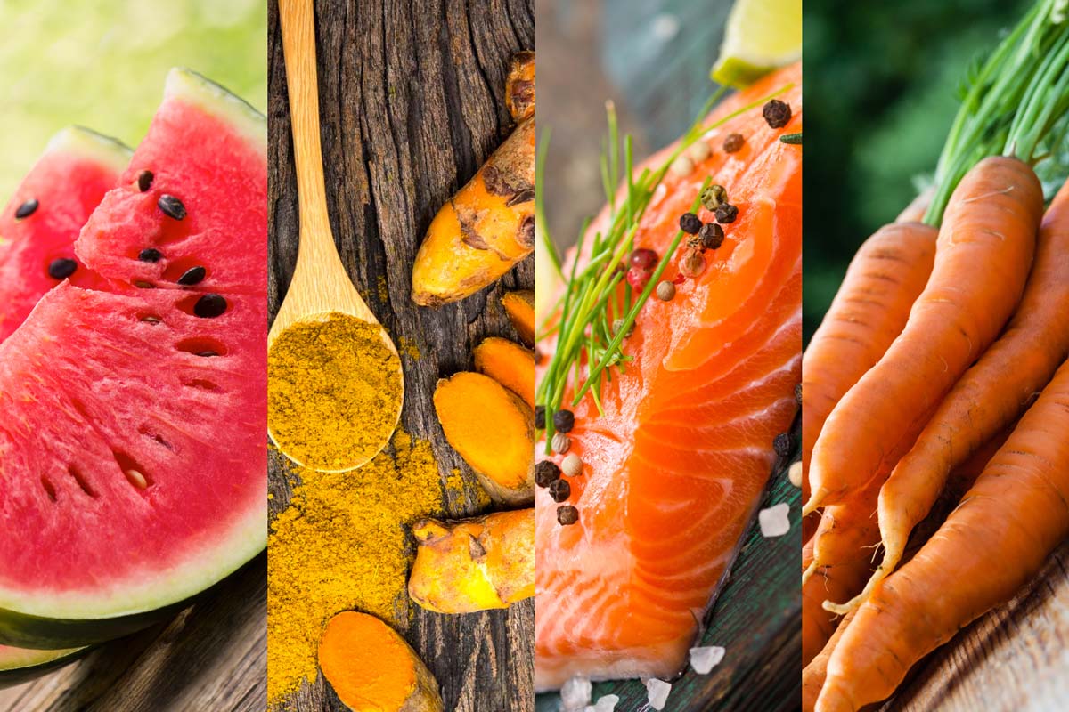 watermelon, turmeric, salmon, and carrots