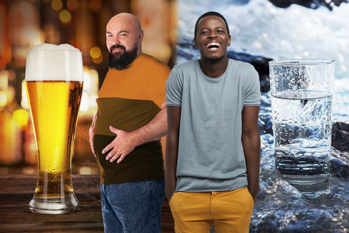 A skinny man who drinks water, and a beer-bellied man who drinks beer