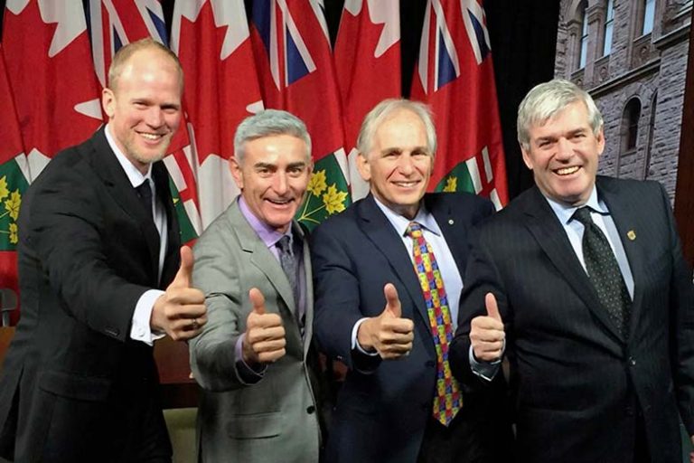 Adam Kreek, Wayne Hartrick, Dr. Larry Goldenberg, and Arthur Potts at the Ontario Legislature