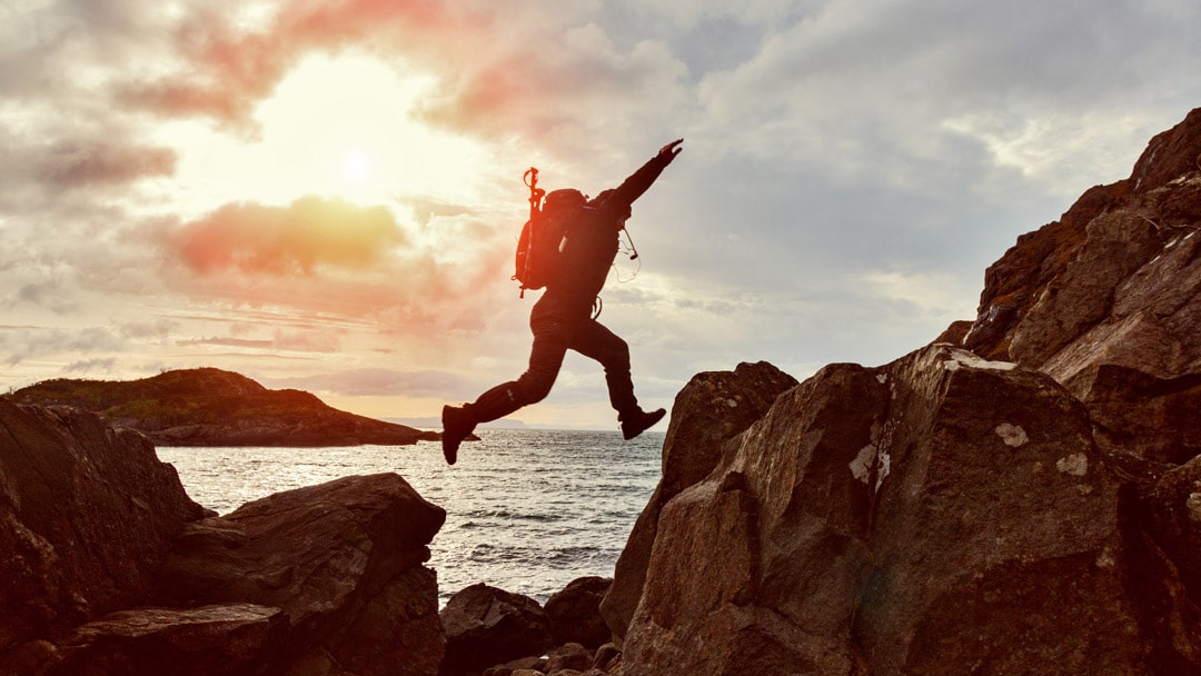 Man with anxiety jumping