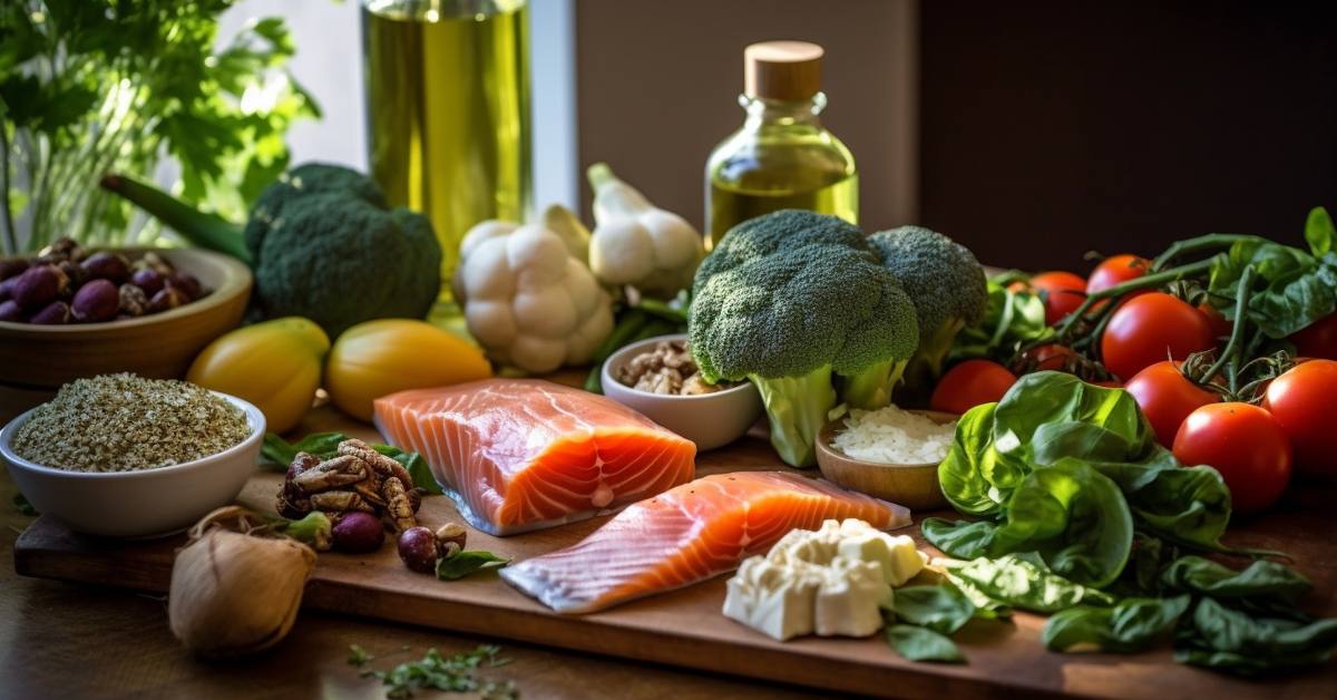 vegetables, olive oil, and salmon in the sun