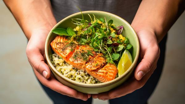 hands holding bowl of grains and salmon