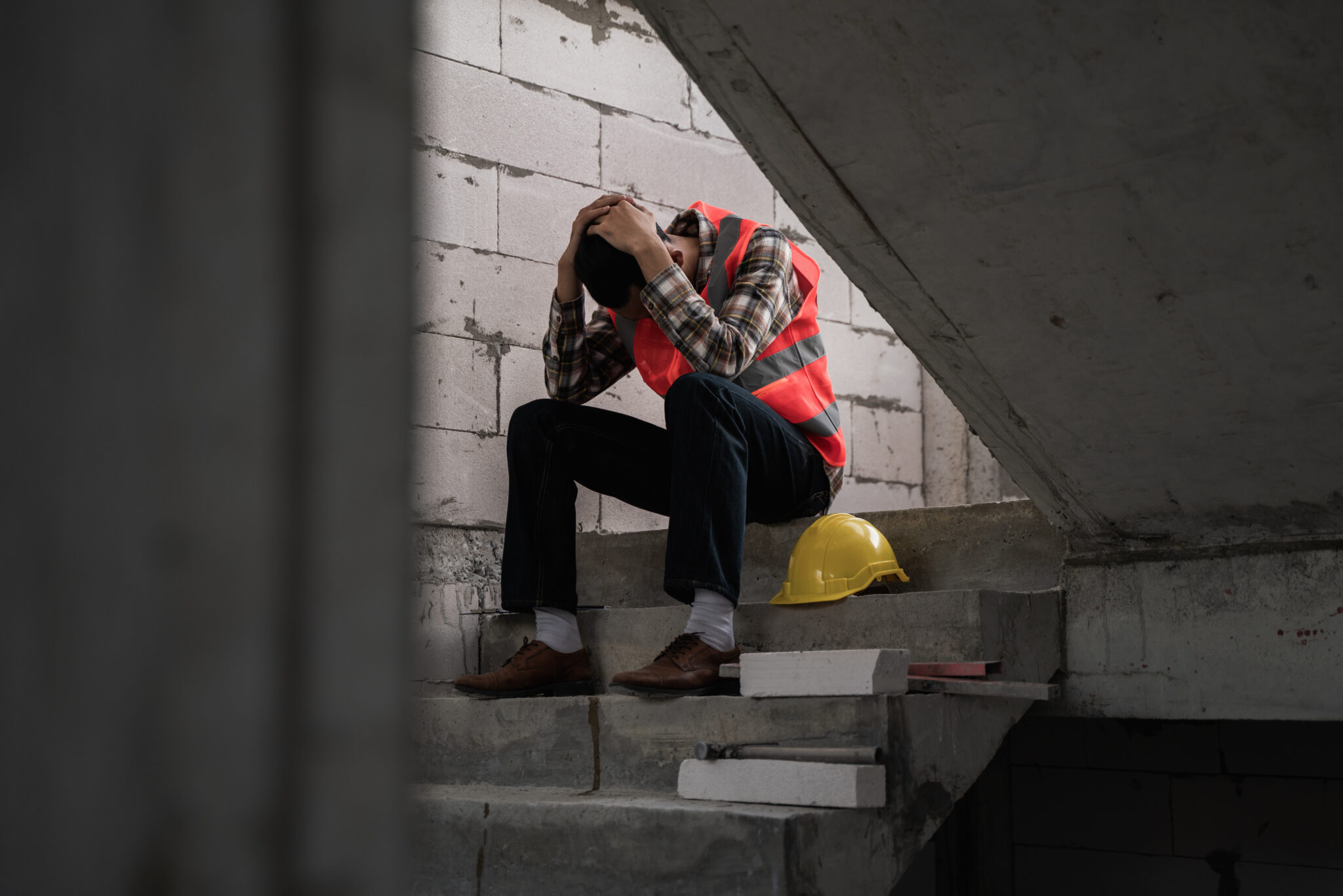 construction worker with head in hands