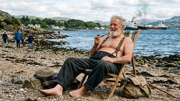 man on beach in suspenders